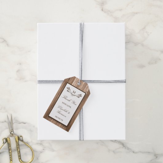 カントリー素朴モノグラムブランチ&ウッド結婚ズ ギフトタグ (より糸付き)