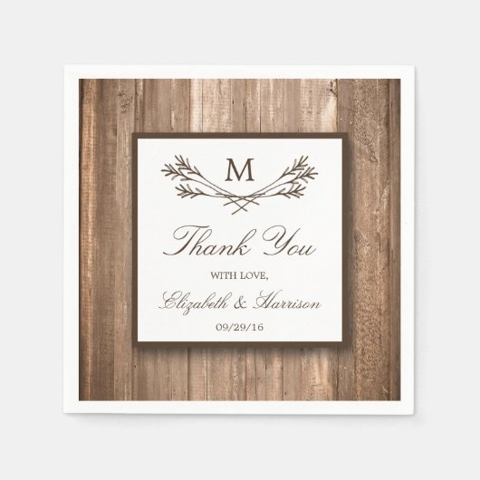 カントリー素朴モノグラムブランチ&ウッド結婚ズ スタンダードカクテルナプキン (正面)