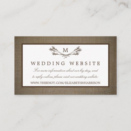 カントリー素朴モノグラムブランチ&バーラップ結婚ズ エンクロージャーカード (正面)