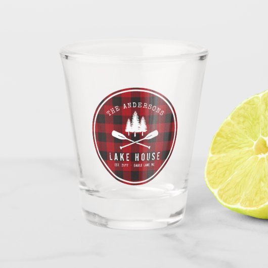 カントリー素朴レイクハウスツリーレッドバッファロープレイド ショットグラス (正面)