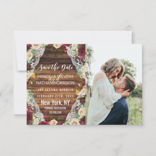 カントリー素朴レッドアイボリーフローラレースウッド セーブザデート (正面)