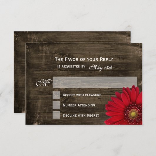 カントリー素朴レッドデイジーウッドウェディングRSVPカード 出欠カード (正面/裏面)