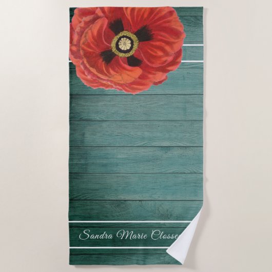 カントリー素朴レッドポピー茶色のウッドビーチタオル ビーチタオル (正面)