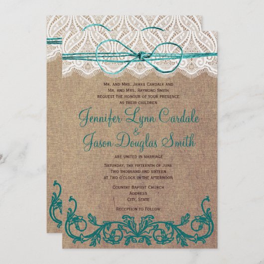 カントリー素朴レースブラウンティール（緑がかった色）結婚式招待状 招待状 (正面/裏面)