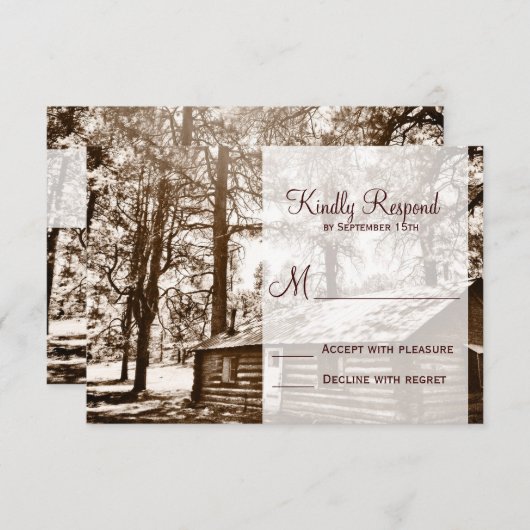 カントリー素朴ログキャビンSepiaウェディングRSVPカード 出欠カード (正面/裏面)