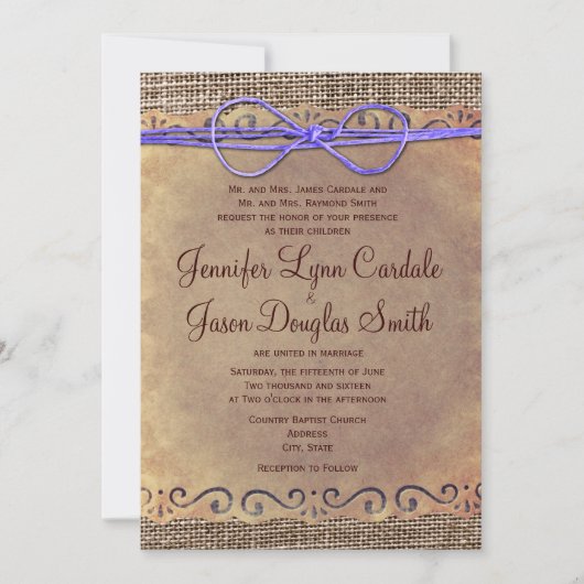 カントリー素朴ヴィンテージウェディング招待状パープルボウ 招待状 (正面)