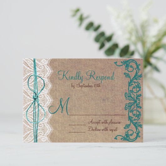 カントリー素朴ヴィンテージブラウンティール（緑がかった色）結婚式の出欠 出欠カード (スタンド正面)