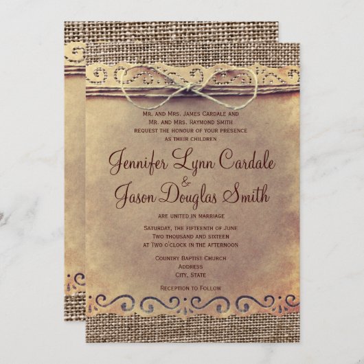 カントリー素朴ヴィンテージBurlap結婚式招待状 招待状 (正面/裏面)