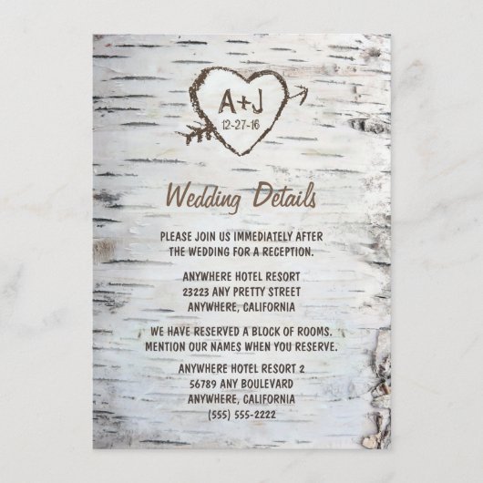 カントリー素朴樺の木ツリーバーク結婚ズ エンクロージャーカード (正面)