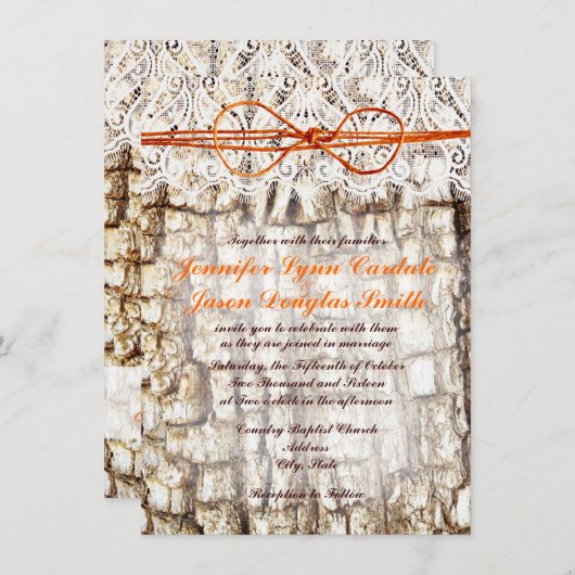 カントリー素朴迷彩柄オレンジボウ結婚式招待状 招待状 (正面/裏面)