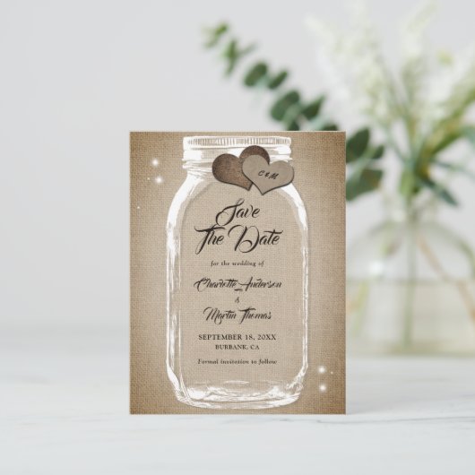 カントリー素朴・メイソンのjar結婚式の日付を保存 案内ポストカード (スタンド正面)