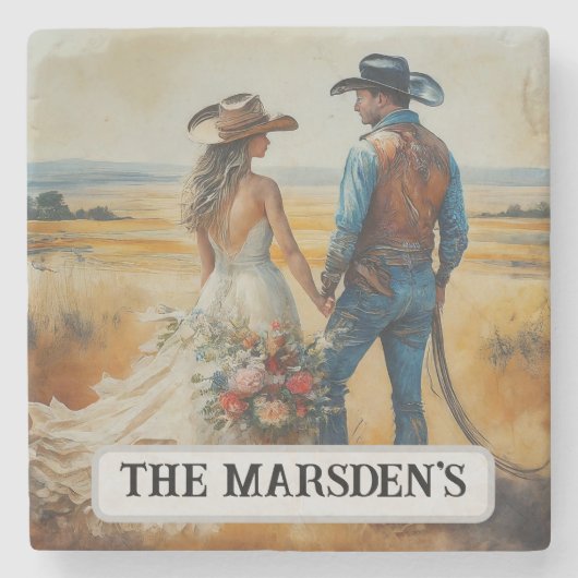 カントリー結婚ウェスタンの水彩画 ストーンコースター (正面)