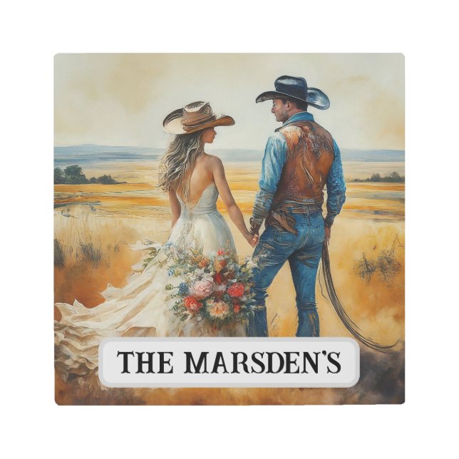 カントリー結婚ウェスタンの水彩画 メタルプリント (正面)