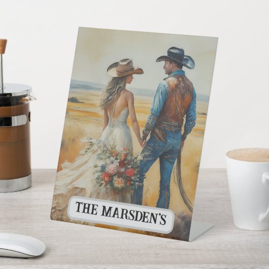 カントリー結婚ウェスタンの水彩画 台座サイン (インサイチュ)