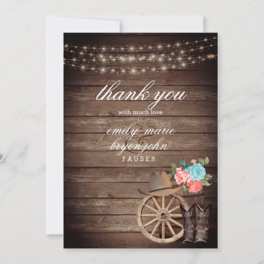 カントリー結婚バレルとティール（緑がかった色）とサンゴフローラ サンキューカード (正面)