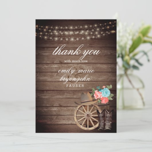 カントリー結婚バレルとティール（緑がかった色）とサンゴフローラ サンキューカード (スタンド正面)