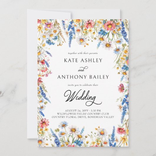 カントリー結婚ワイルドフラワーの詳細とウェブサイト 招待状 (正面)