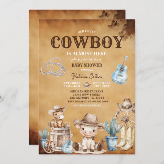 カントリー西部の私たちの小さなカウボーイ赤ちゃんシャワー 招待状 (正面/裏面)