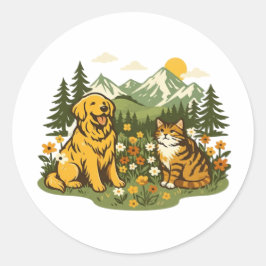 カントリー調の犬と猫の最高の友達と野の花 ラウンドシール