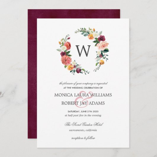 カントリー開花オータムフローラリースモノグラム結婚ズ 招待状 (正面/裏面)