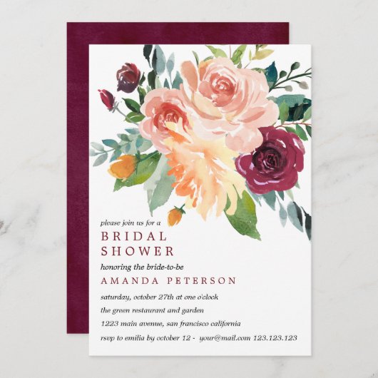 カントリー開花ブライドブーケブルゴーニュブライダルシャワー 招待状 (正面/裏面)