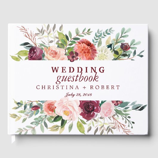 カントリー開花ブルグ結婚ンディパーソナライズされたの花 ゲストブック (正面)