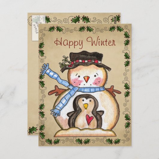 カントリー雪だるまとペンギン友情はがき ポストカード (正面/裏面)