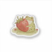 カントリー風のカエルがイチゴを抱っこイラスト シール (正面)