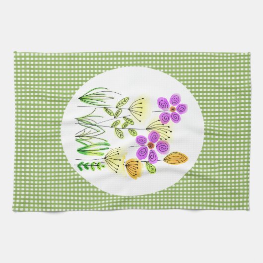 カントリー風のチェック柄とワイルドフラワーのキッチン キッチンタオル (横)