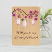 カントリー風のピンクのメイソンジャー メイド・オブ・オナー カード (スタンド正面)