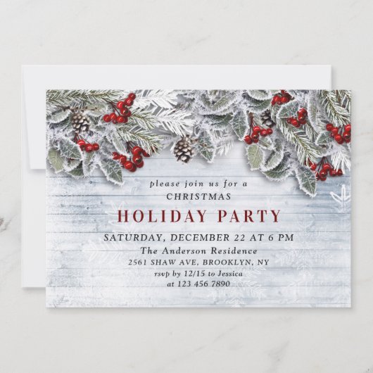 カントリー風の素朴な松ぼっくりと枝のクリスマス パーティー 招待状 (正面)