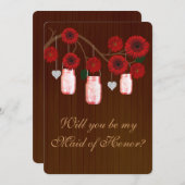 カントリー風の素朴な赤いメイソンジャー 結婚式のブライズメイドカード 招待状 (正面/裏面)