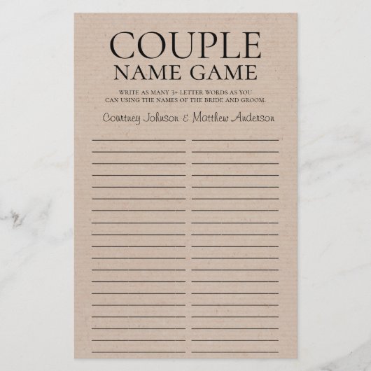 カントリー風の美しいカップルネームゲーム　結婚式前祝いゲームシート (正面)
