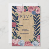 カントリー風の象牙色+ネイビーブルー+ピンクの花柄RSVP 招待状 (正面)