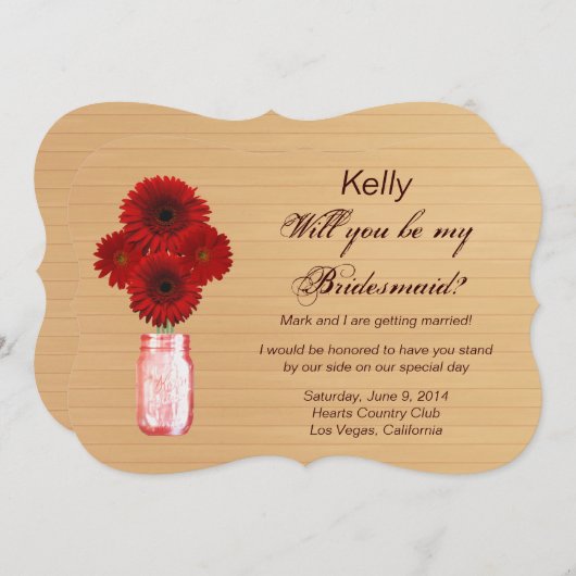 カントリー風の赤いメイソンジャー ブライドスマイト カード (正面/裏面)