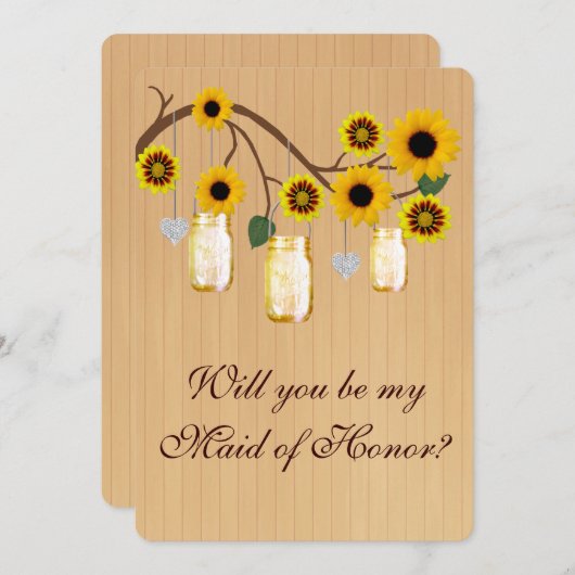 カントリー風の黄色のメイソンジャー メイド・オブ・オナー カード (正面/裏面)