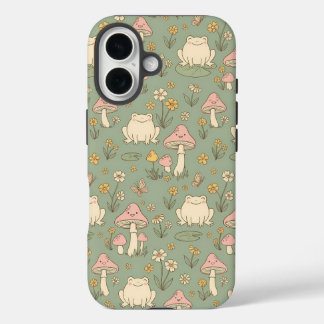 カントリー風カエルとキノコの草原柄フォンケース iPhone 16ケース