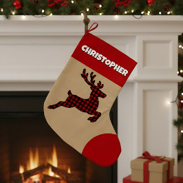 カントリー風レッドブラックチェック柄トナカイ 名前入り ラージクリスマスストッキング
