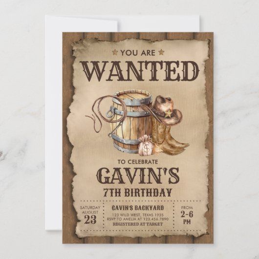カントリー・ウェスタン指名手配カウボーイ誕生日パーティー 招待状 (正面)