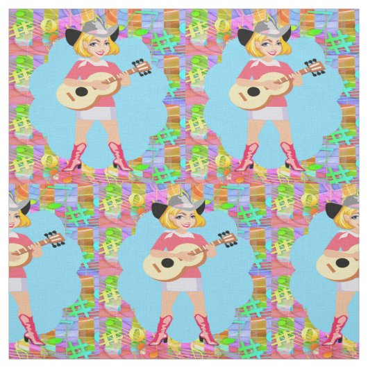 カントリー・ウェスタン・ソング女性のカーボーイ・スタンドとギター ファブリック (見本)