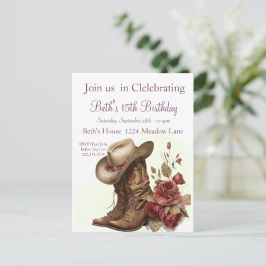 カントリー・ウェスタン、バラ、15歳の誕生日招待状 ポストカード (スタンド正面)