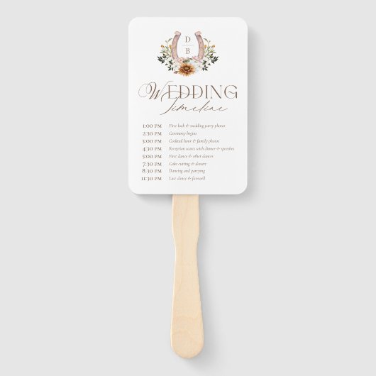 カントリー・ウェスタン・ボホ結婚式の日のタイムラインプログラム ハンドファン (正面)