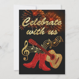 カントリー・ウェスタン・ミュージック  ギターと赤いカウボーイブーツ 招待状