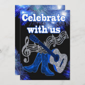 カントリー・ウェスタン・ミュージック・ブルー・ギターとカウボーイ・ブーツ 招待状 (正面/裏面)