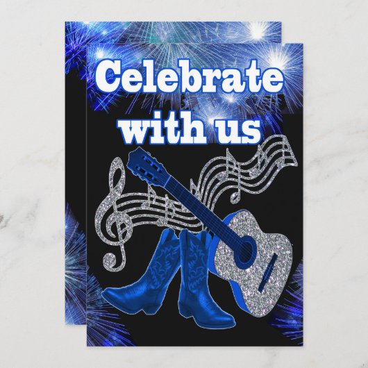 カントリー・ウェスタン・ミュージック・ブルー・ギターとカウボーイ・ブーツ 招待状 (正面/裏面)