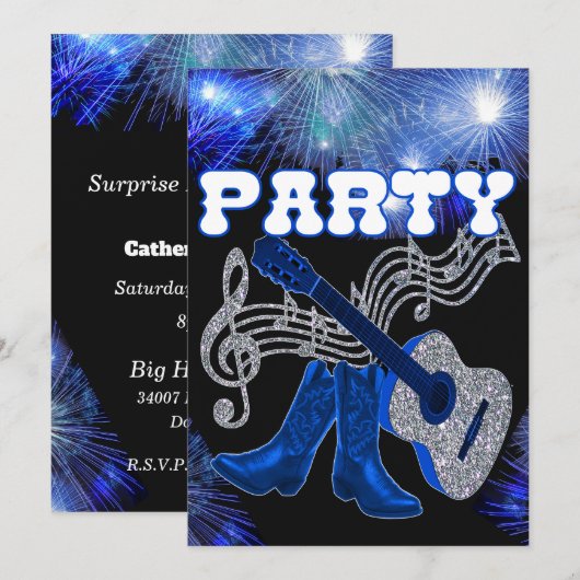 カントリー・ウェスタン・ミュージック・ブルー・ギター・カントリー・ブーツ 招待状 (正面/裏面)