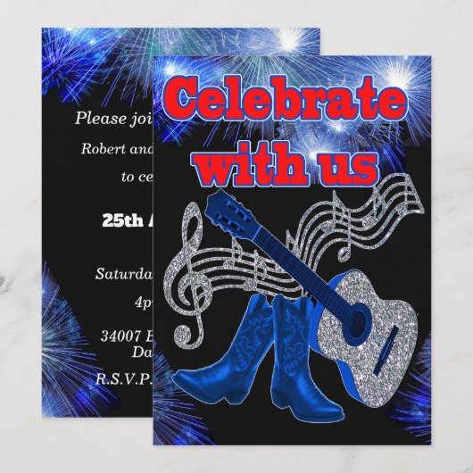 カントリー・ウェスタン・ミュージック 青いギターとカウボーイブーツ 招待状 (正面/裏面)