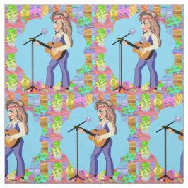 カントリー・ウェスタン・歌唱女性のカーボーイとギター ファブリック