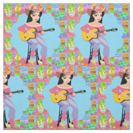 カントリー・ウェスタン・歌唱女性のカーボーイとギター ファブリック