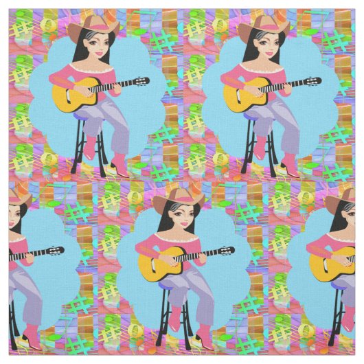 カントリー・ウェスタン・歌唱女性のカーボーイとギター ファブリック (見本)